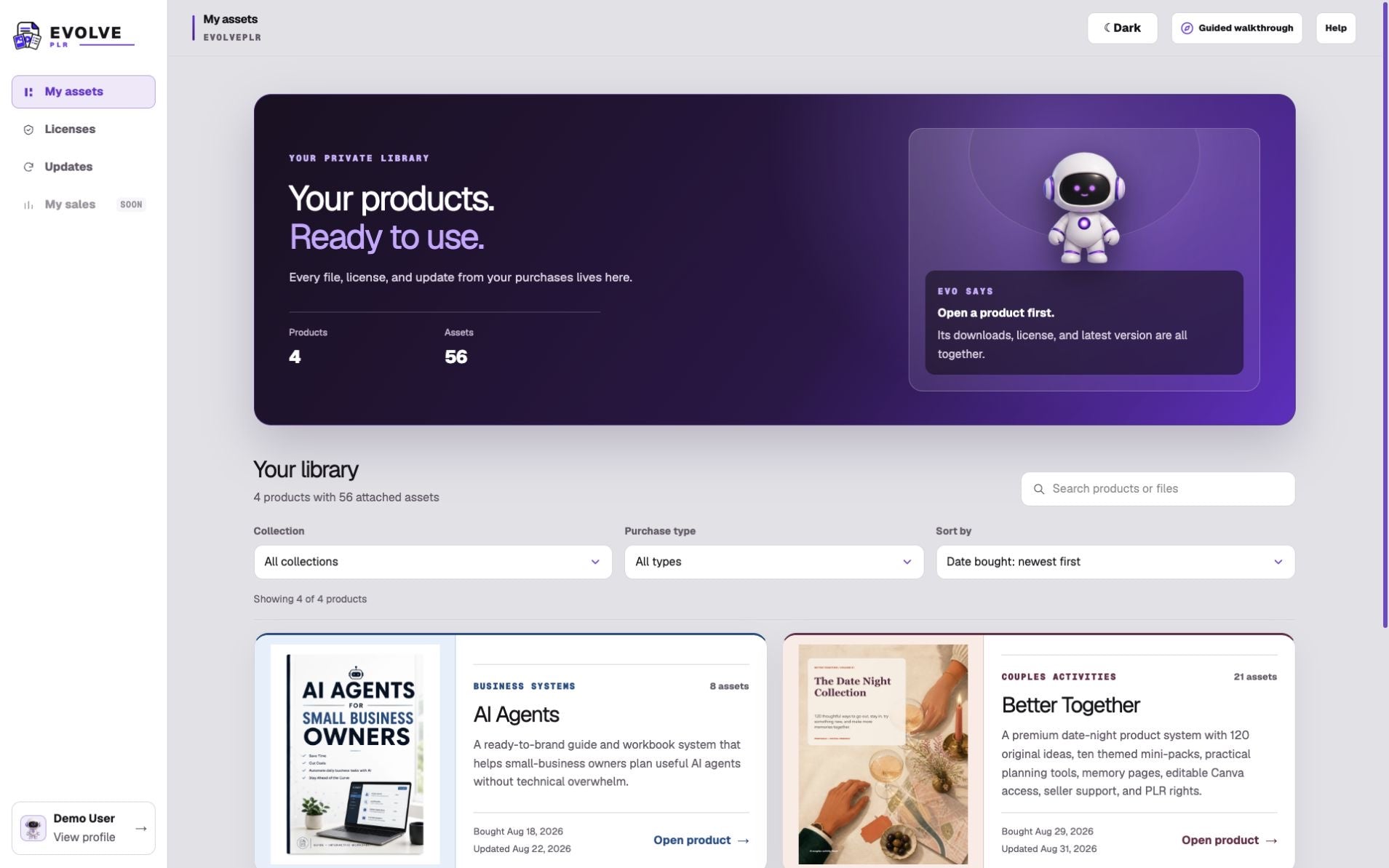 Customer EVOLVE library with purchased products, search, collection filters, and guided help
