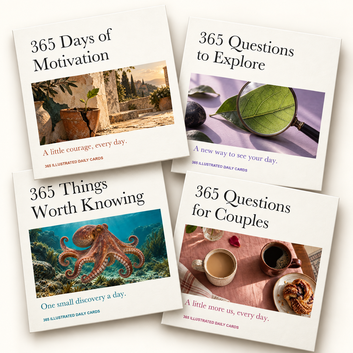 Four illustrated decks in the complete 365 Daily Cards Bundle