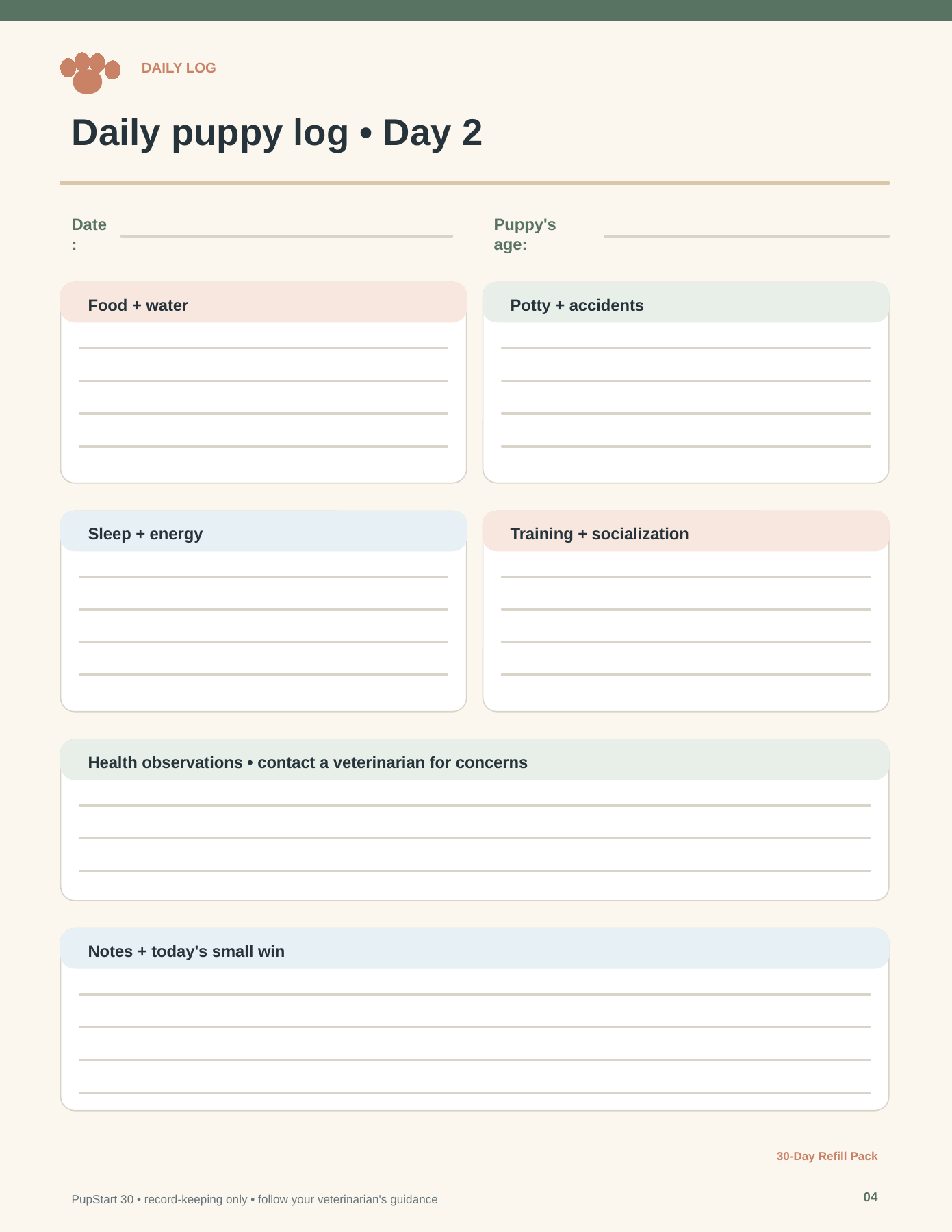 Daily Log Pack: Daily puppy log Day 2