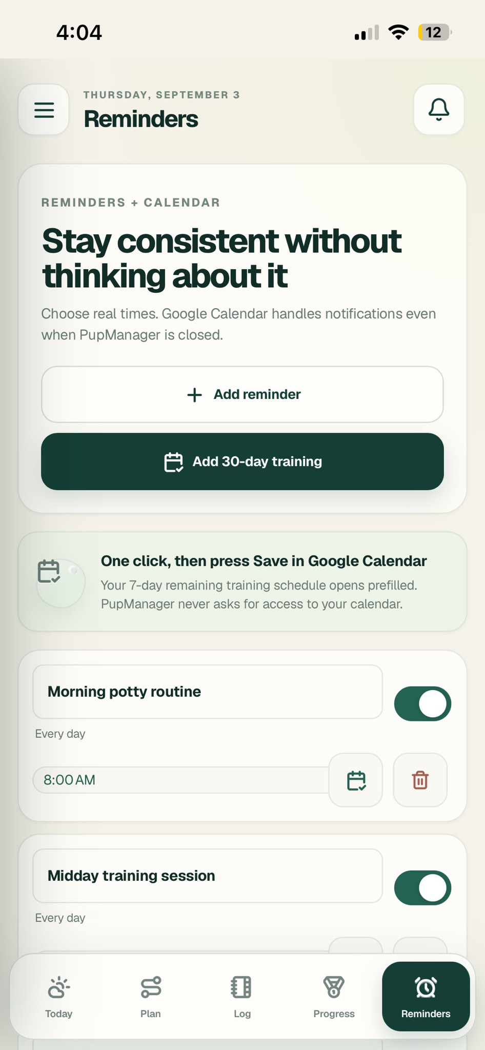 PupManager Reminders screen