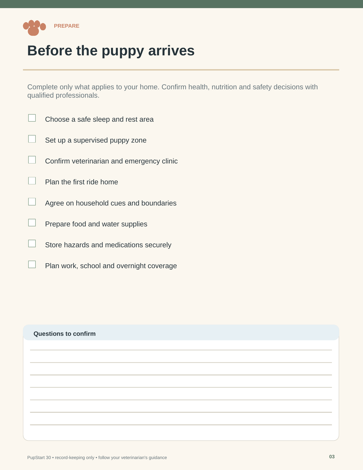 Quick-Start System: Before the puppy arrives checklist