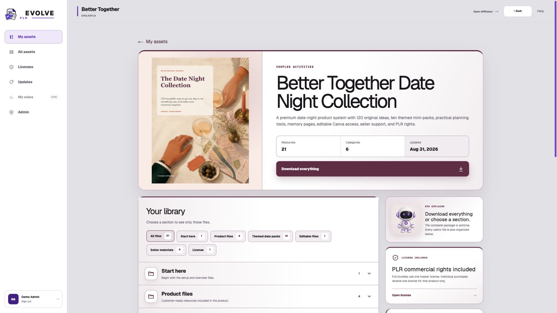 Real Better Together asset delivery screen inside EvolvePLR